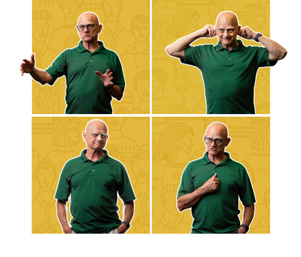 A grid of four portraits of a man in a green polo shirt talking against a bright yellow background